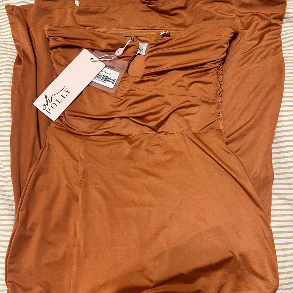 Oh Polly Strapless Thigh High Split Midi Dress in Tan NWT